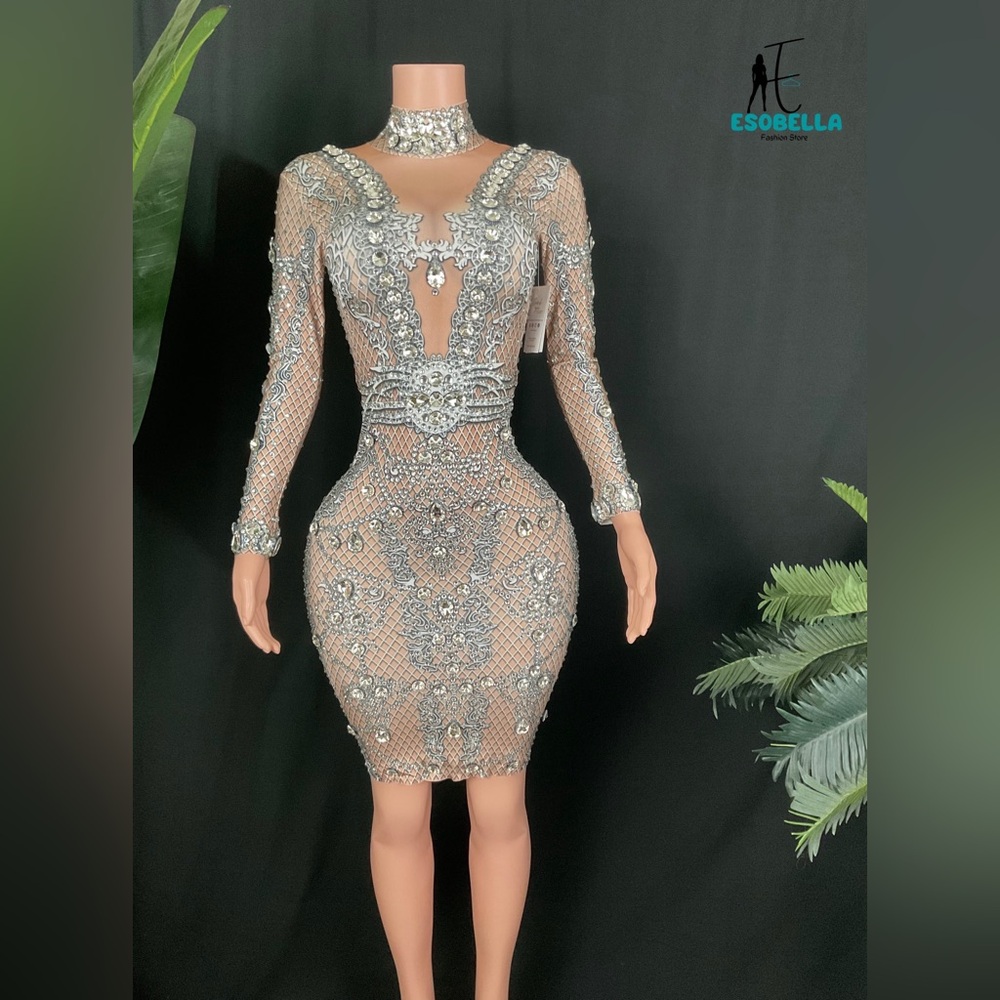 Long-sleeve crystal-embellished bodycon mini dress